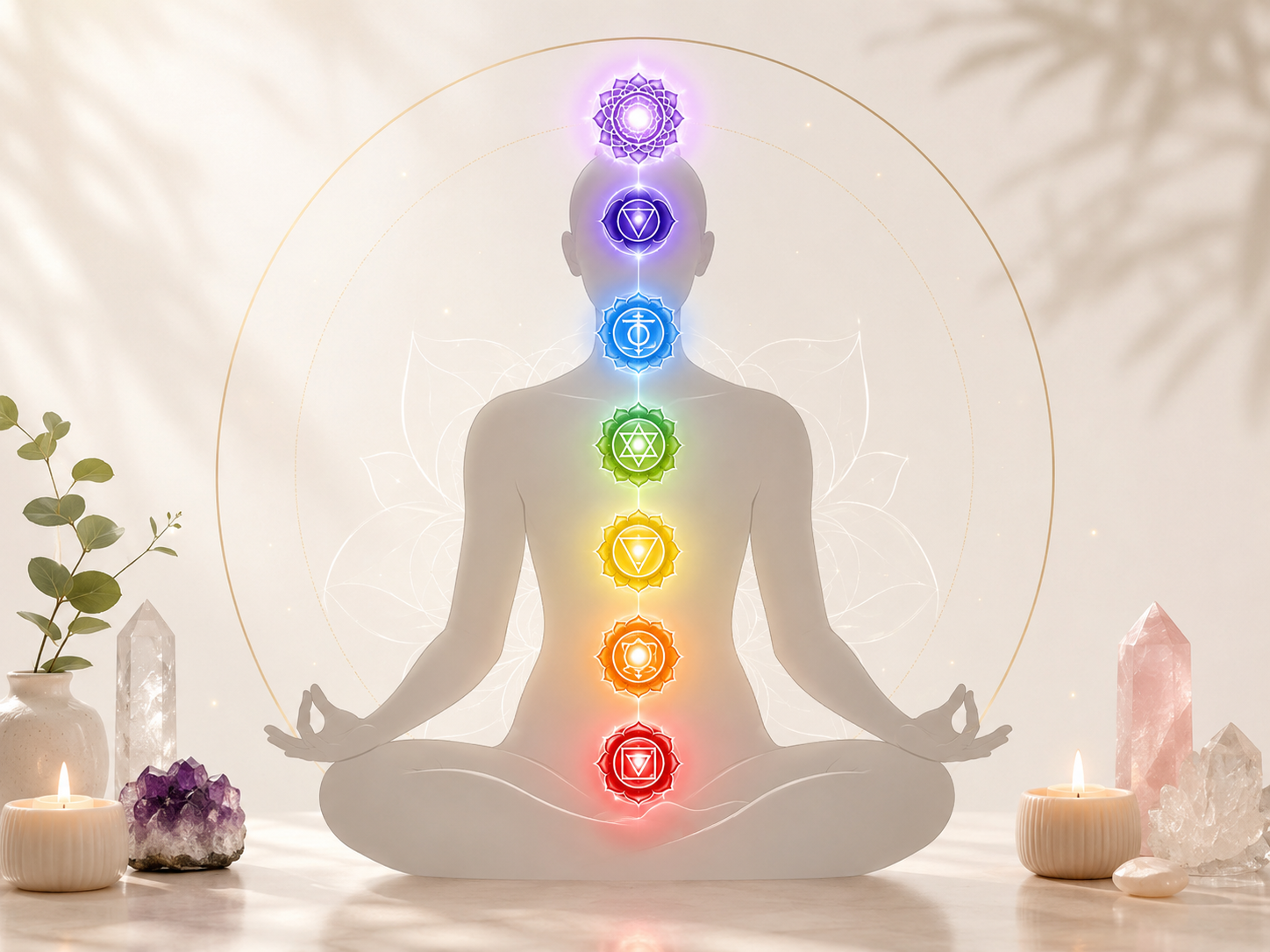 Simple chakra chart showing the seven chakras, their colors, meanings, and locations