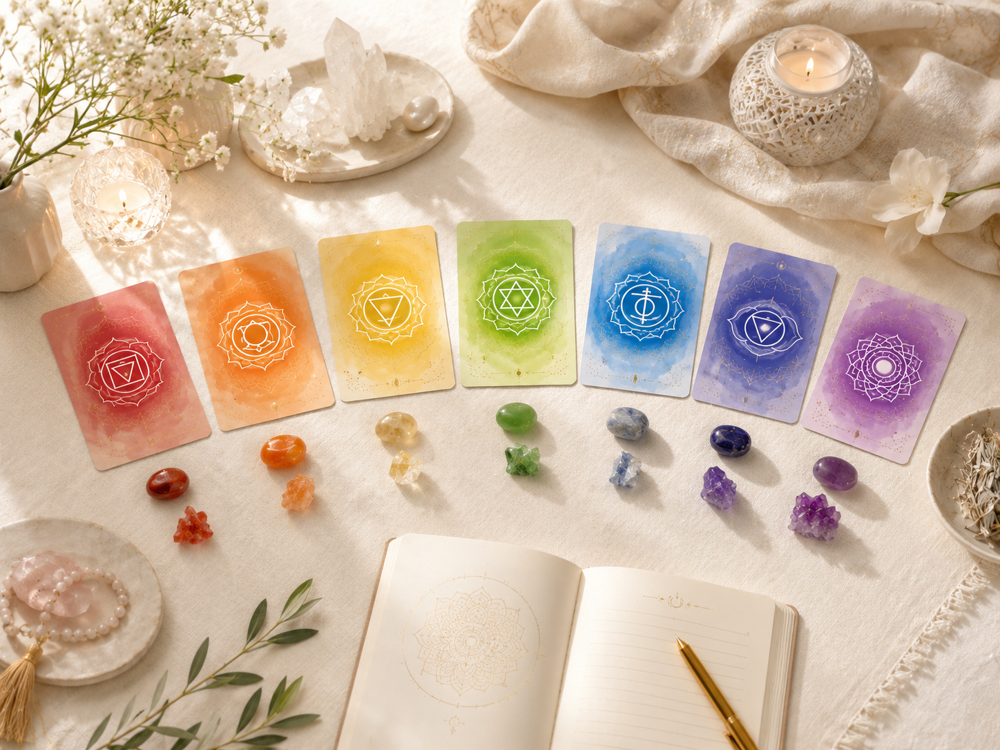 Color-based chakra affirmation setup with cards, candle, crystals, and peaceful spiritual tools