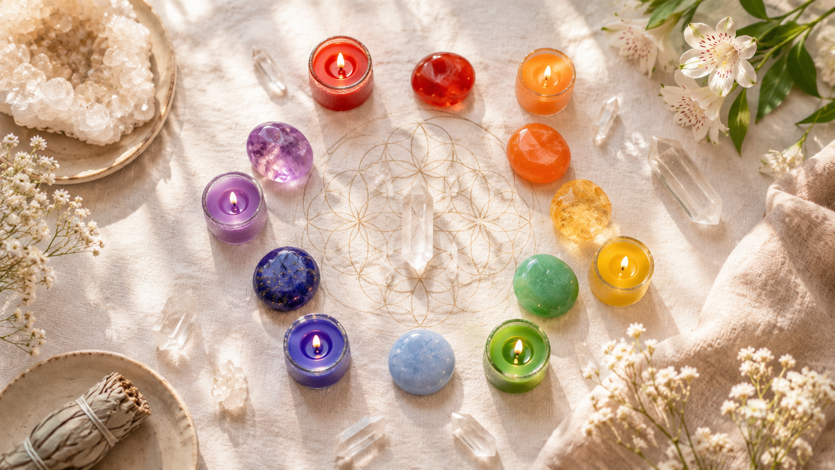 Seven chakra colors shown with crystals and meditation tools