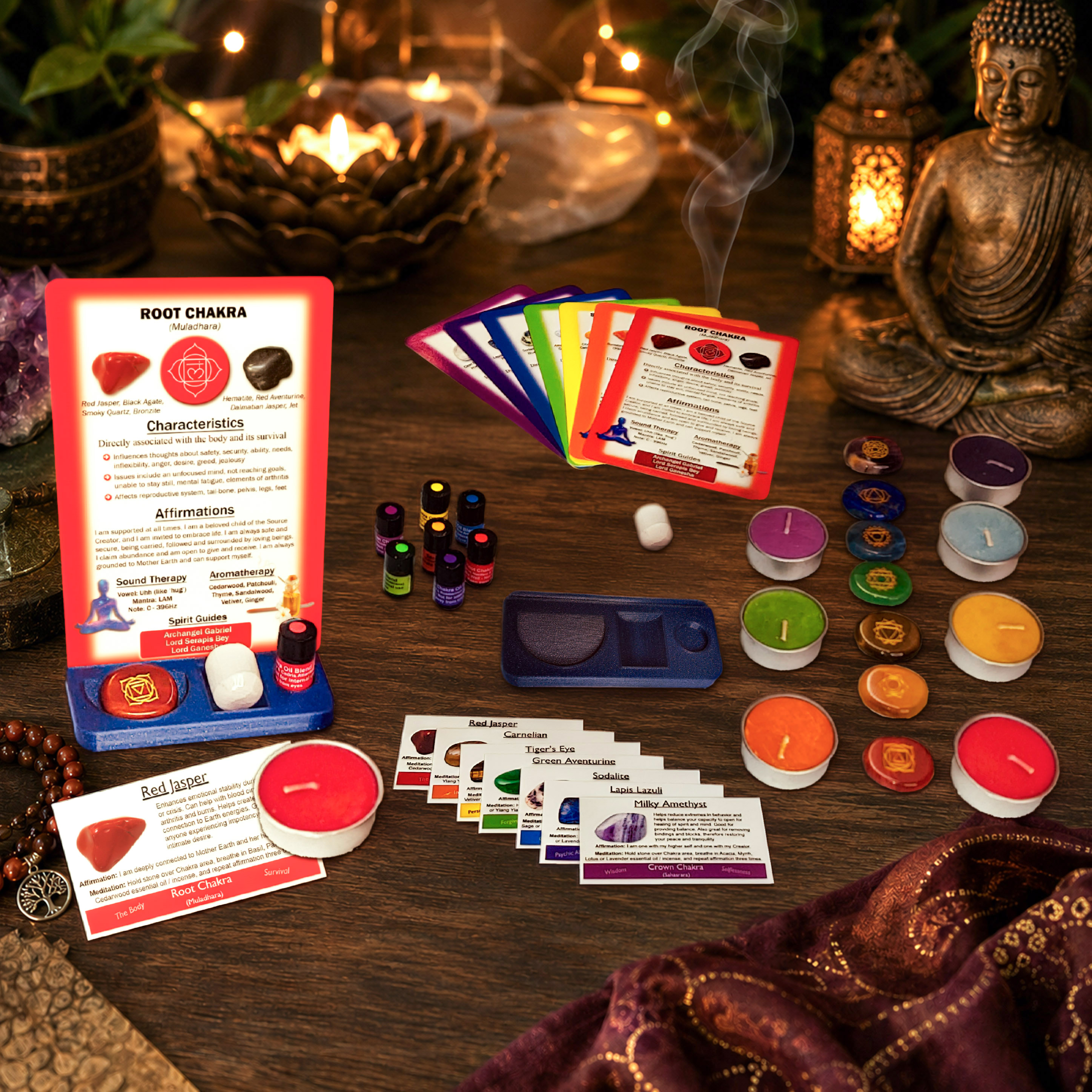 Chakra healing altar and meditation kit with essential oils, candles, chakra cards, engraved stones, selenite crystal, and altar base