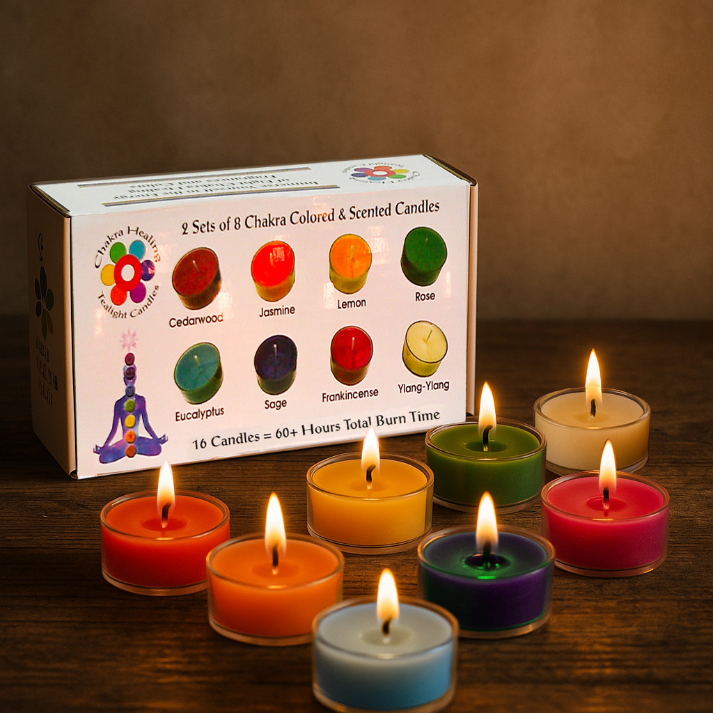 Chakra healing candles used for meditation, Reiki, aromatherapy, and spiritual reflection