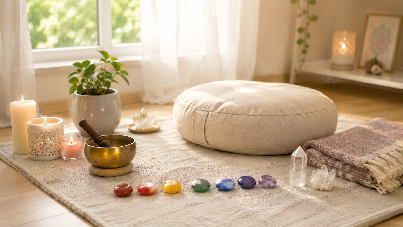 Peaceful beginner chakra meditation setup with candle, crystals, journal, and chakra stones