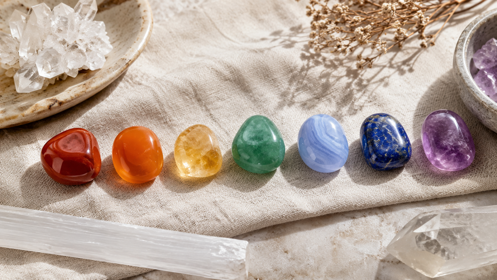 Seven chakra stones and crystals arranged with candles and a peaceful meditation setting