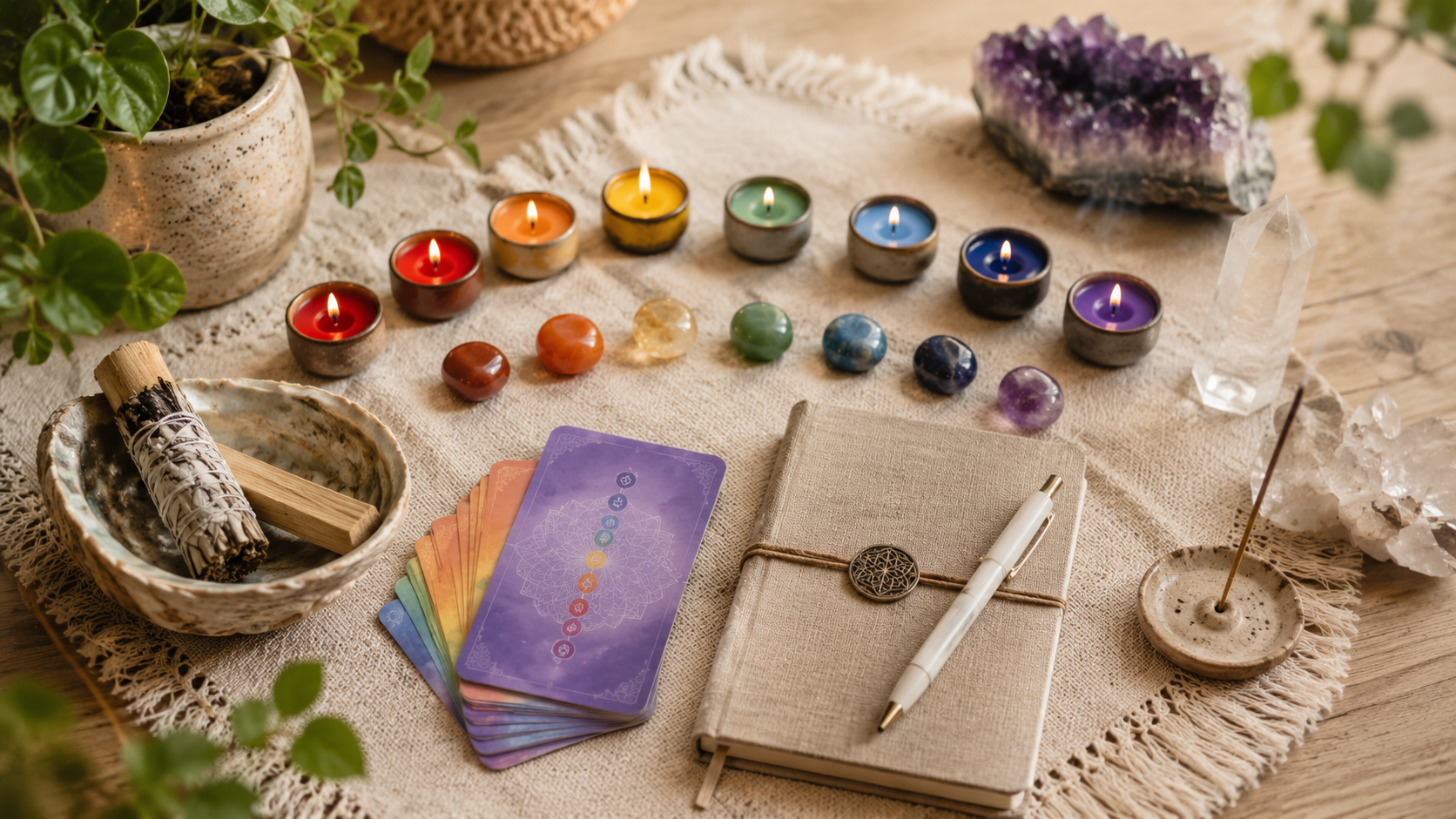 Chakra altar tools arranged with candles, crystals, chakra stones, cards, and peaceful spiritual decor