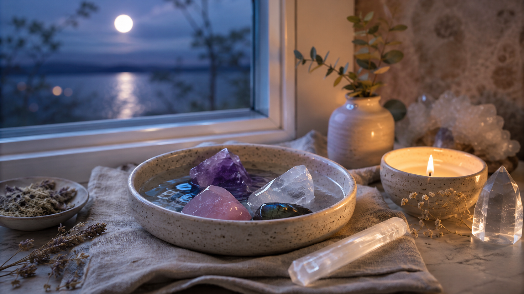 Crystals being cleansed with candlelight, soft cloth, clear quartz, and peaceful spiritual tools
