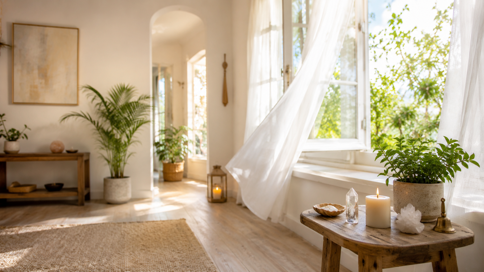 Peaceful spiritual cleansing setup with candle, sage, crystals, and calming home decor