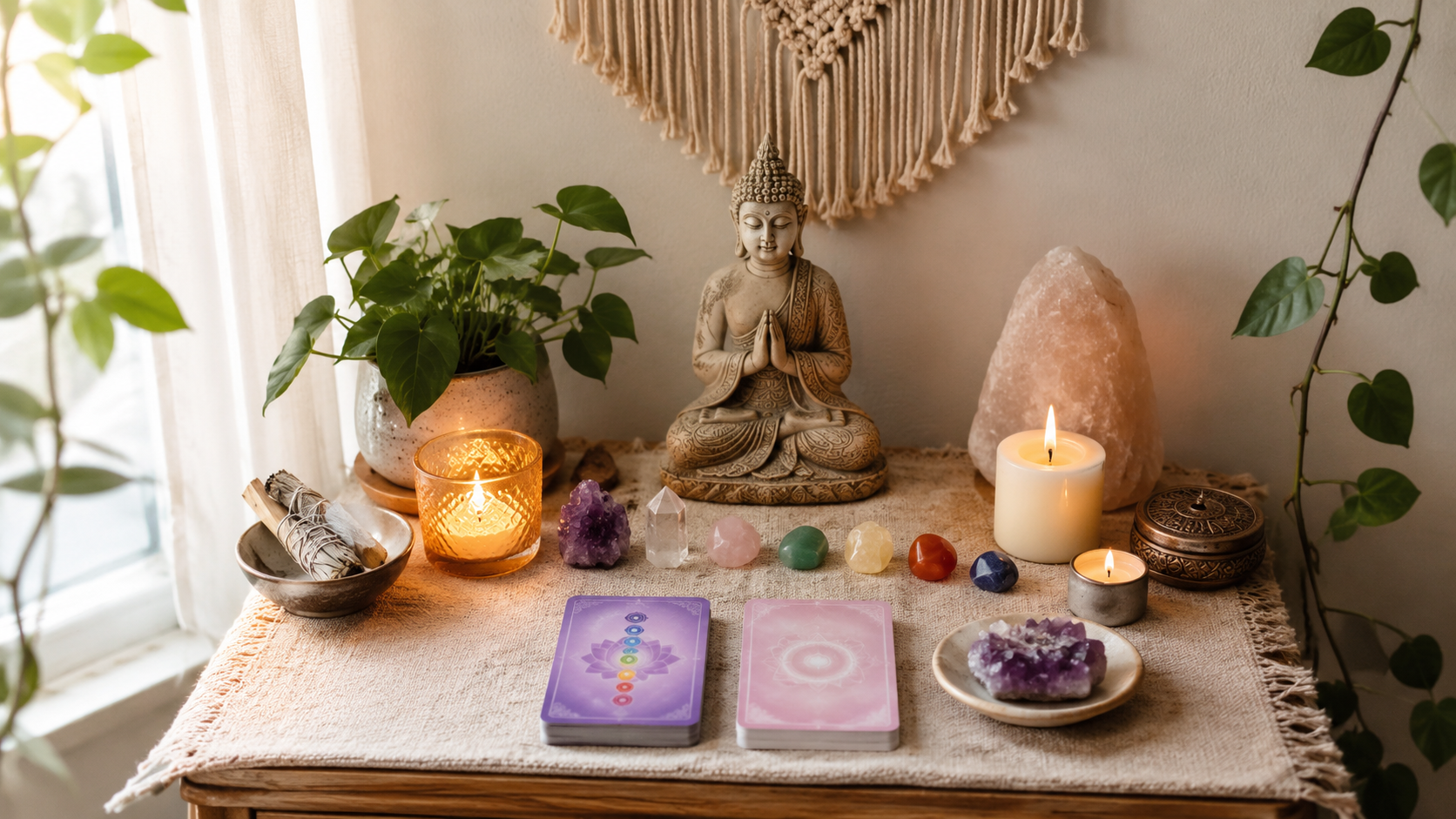 Simple spiritual altar with candles, crystals, chakra cards, plants, and peaceful decor
