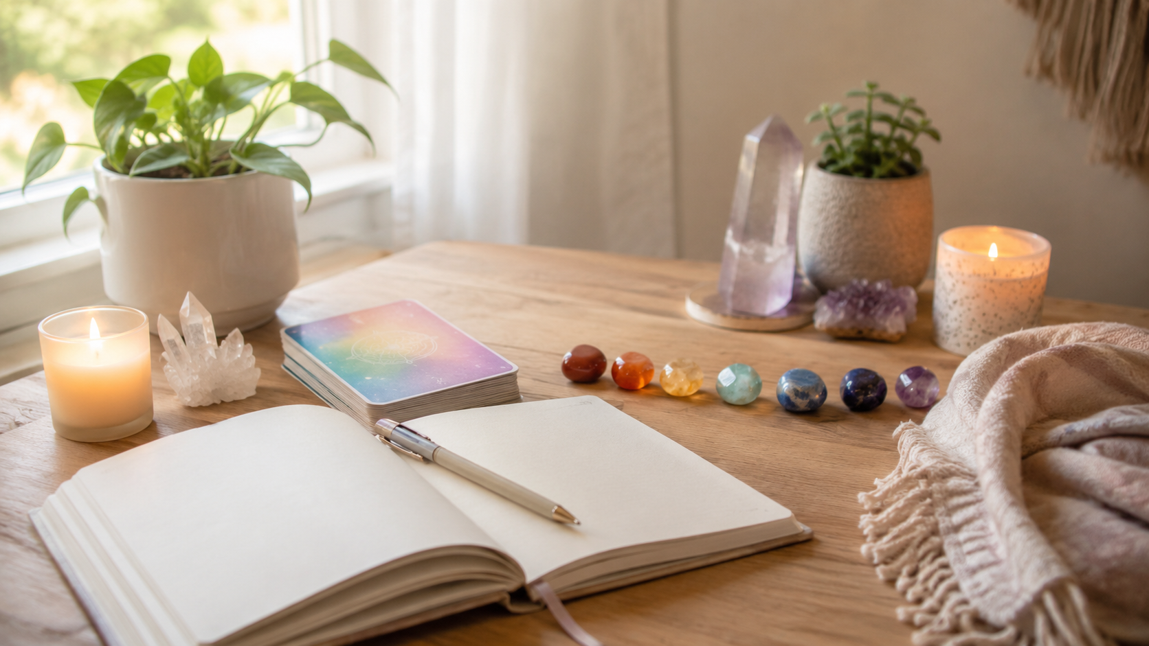 Beginner chakra healing setup with candles, chakra stones, cards, and journal