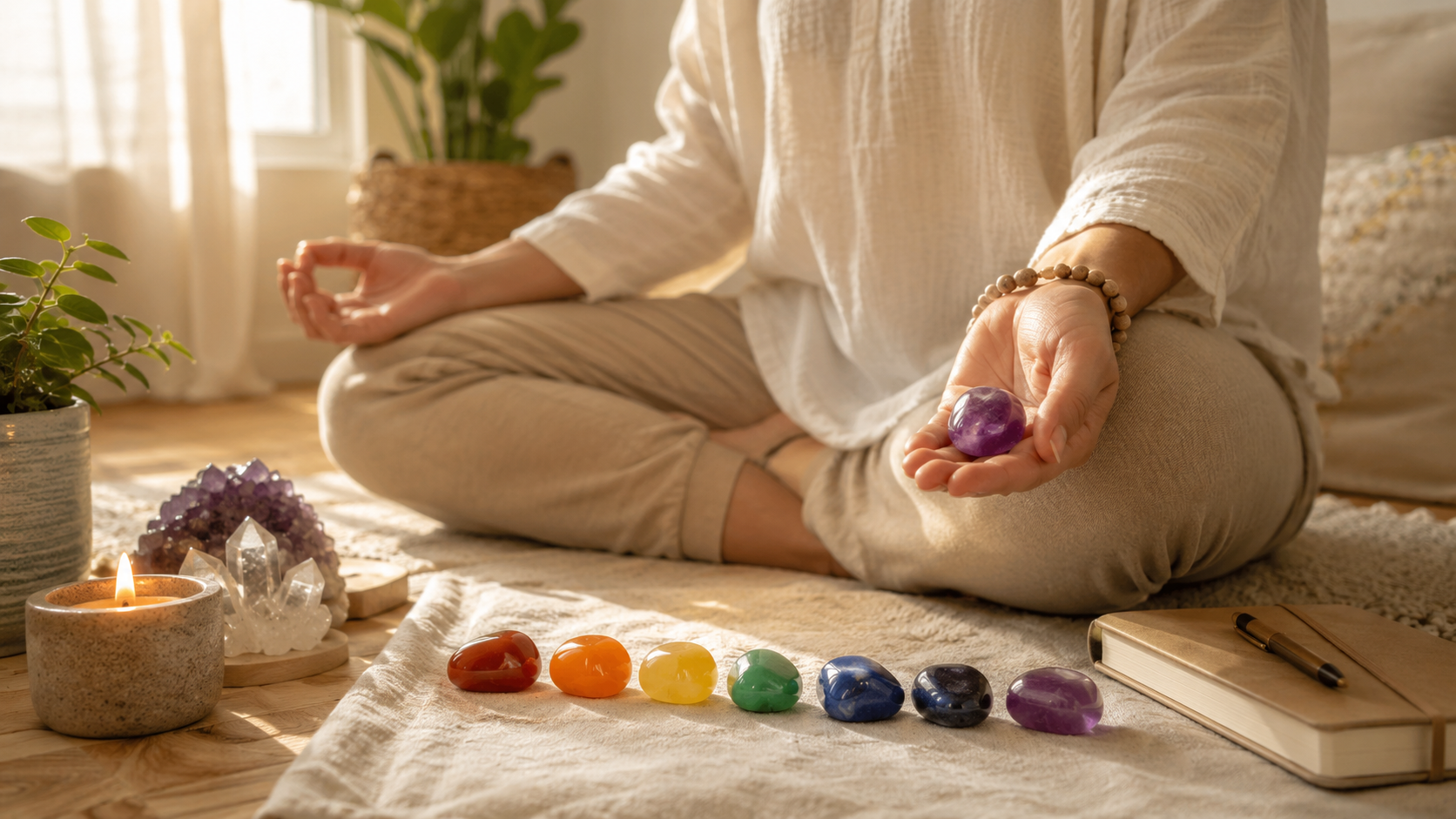 Chakra stones arranged for meditation with candle, journal, and peaceful spiritual tools