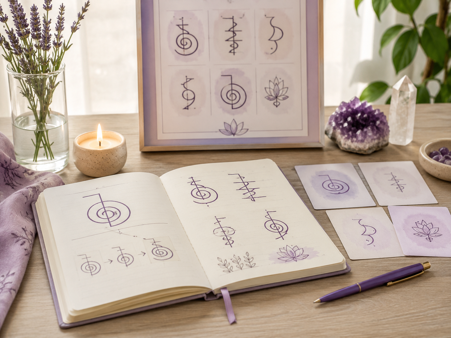 Reiki symbol practice setup with journal, candle, crystals, and peaceful spiritual tools