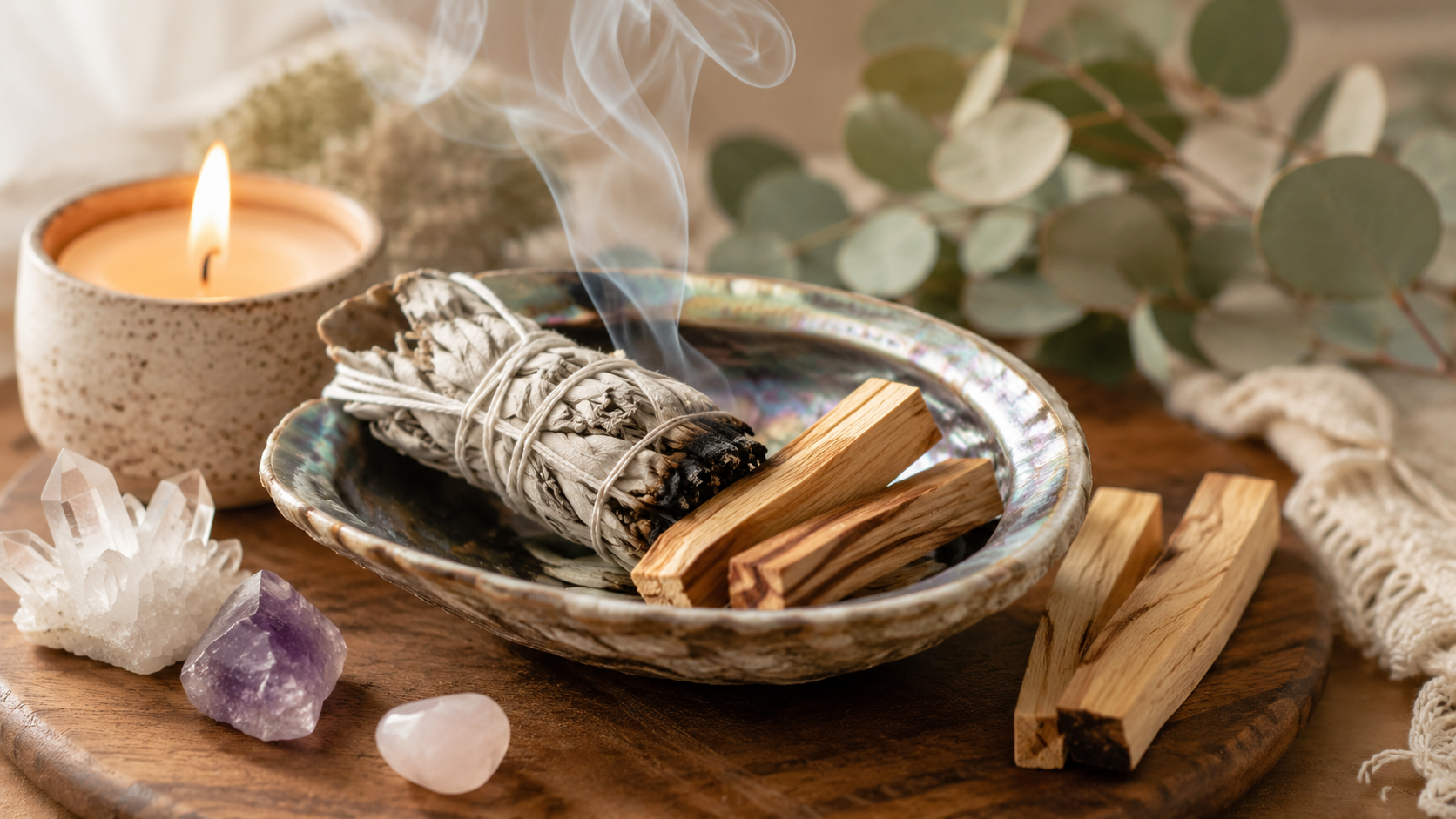 Sage bundle and Palo Santo sticks with candle, shell, crystals, and spiritual cleansing tools