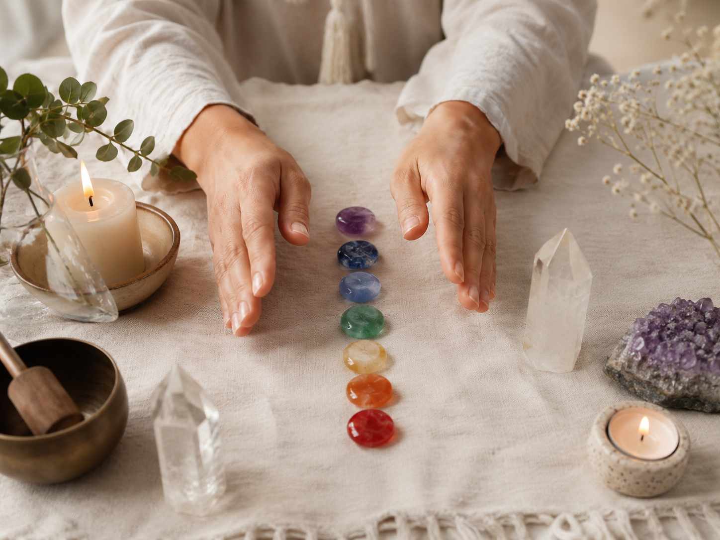 Reiki and chakra healing setup with chakra stones, candles, crystals, and peaceful energy tools