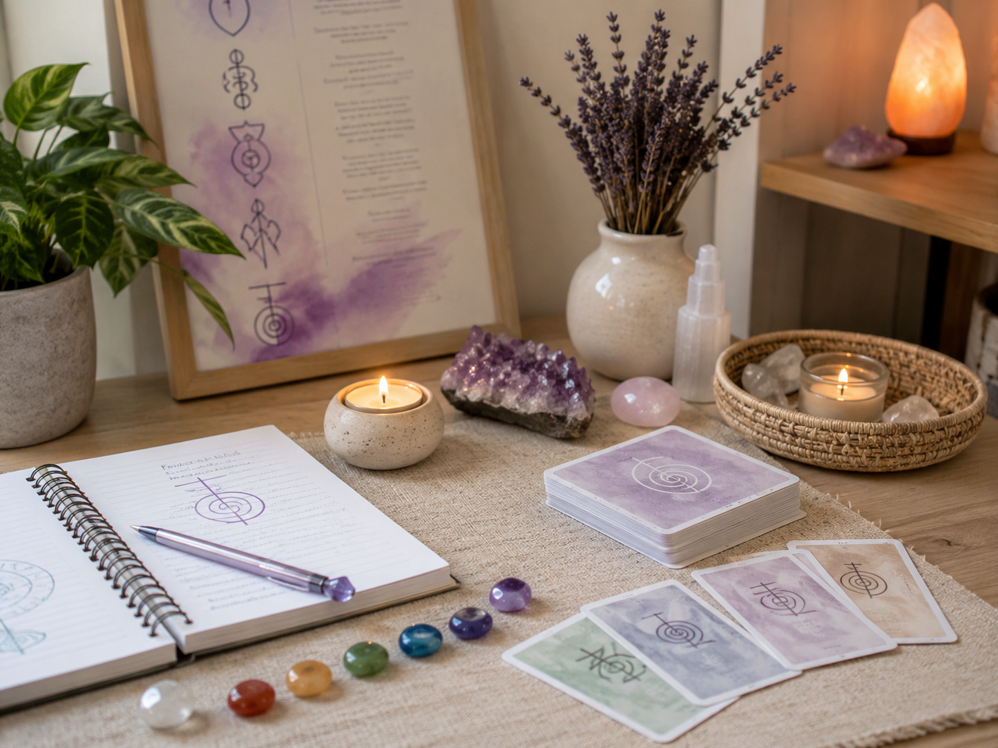 Beginner Reiki tools arranged with candles, crystals, cards, journal, and peaceful spiritual decor