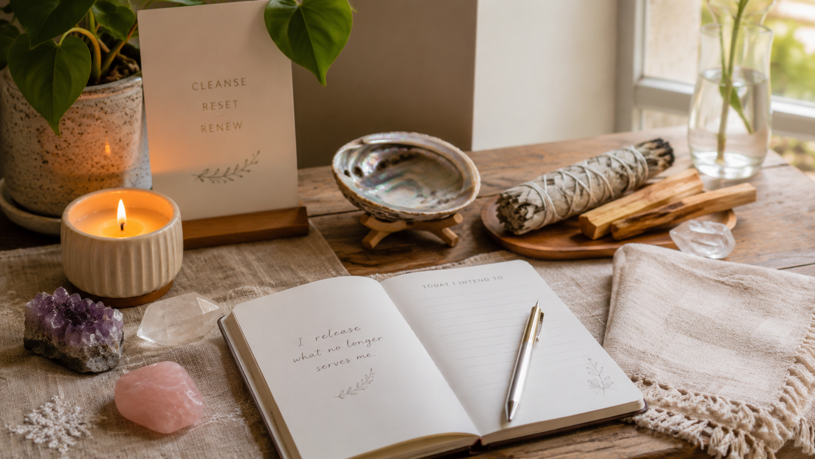 Beginner spiritual cleansing setup with candle, crystals, journal, sage, and calming tools