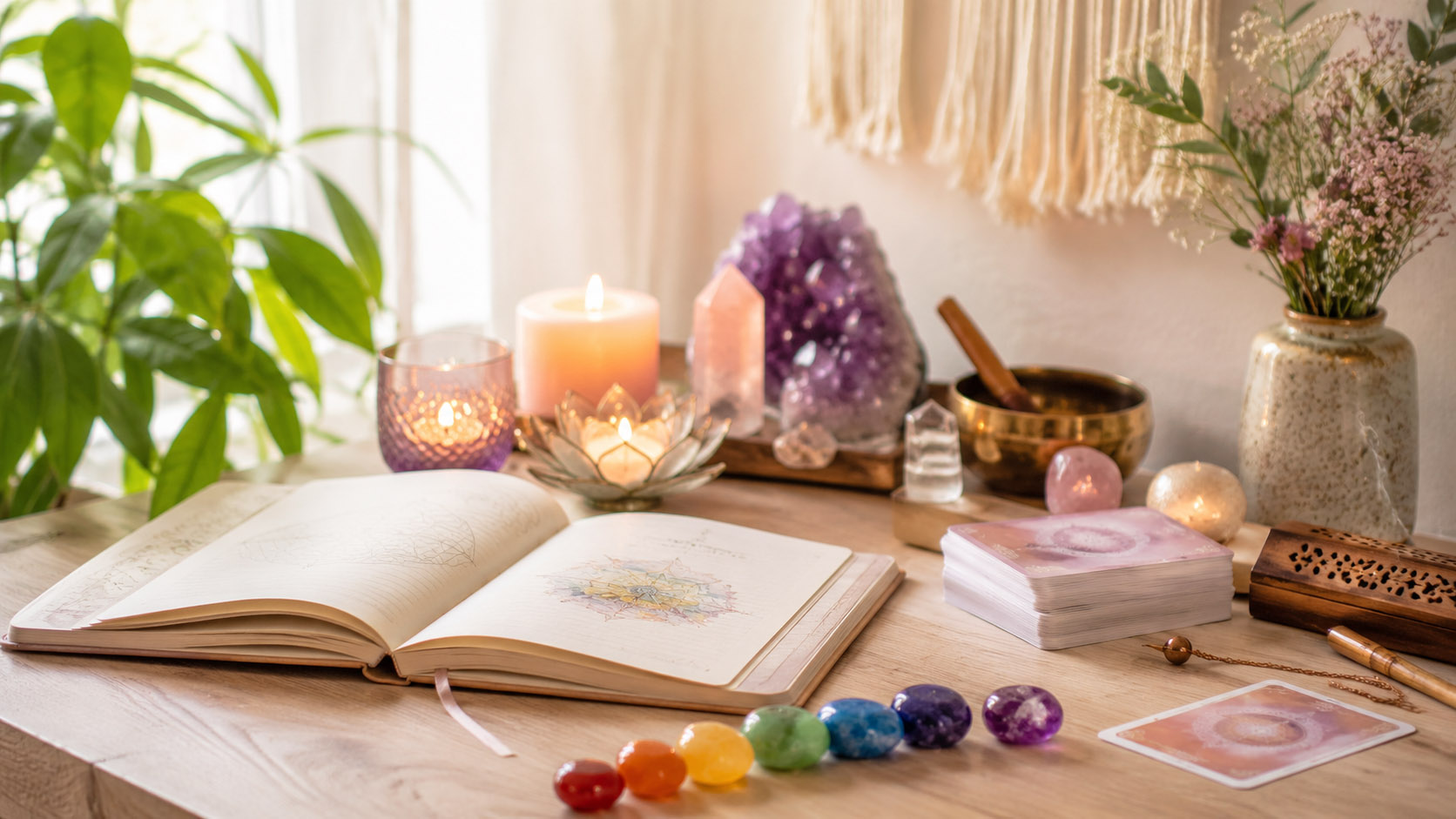 Peaceful chakra healing learning center setup with cards, crystals, candles, and spiritual tools