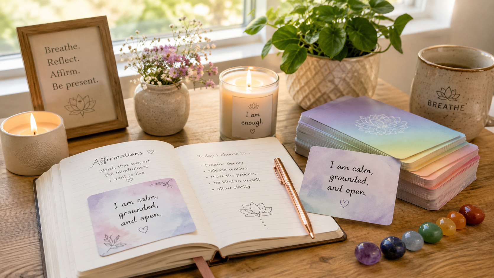 Meditation journal with affirmation cards, candle, and chakra stones