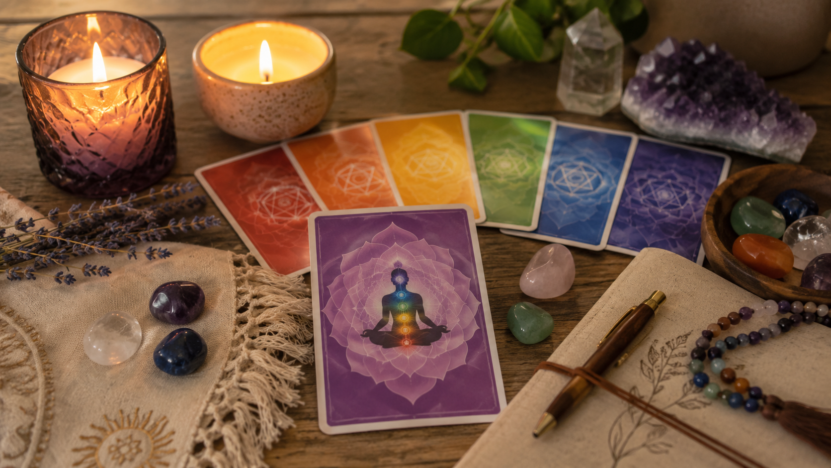 Candles, crystals, and chakra cards arranged together for meditation and spiritual reflection