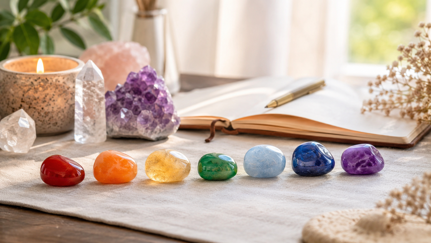 Seven chakra stones arranged in chakra color order for beginner chakra healing
