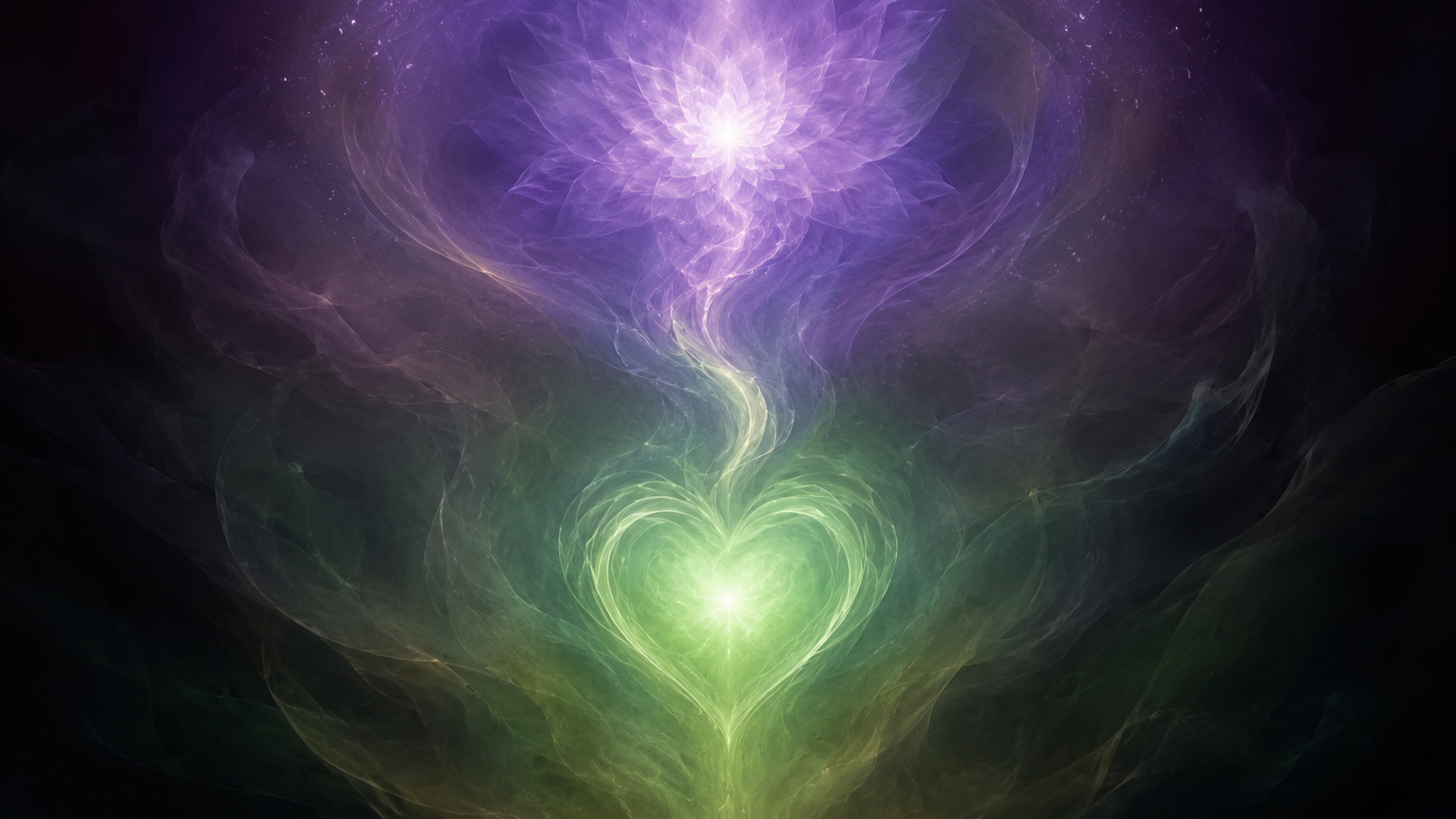 Abstract violet crown chakra energy flowing into a glowing green heart chakra, symbolizing spiritual connection, emotional healing, and renewed trust.