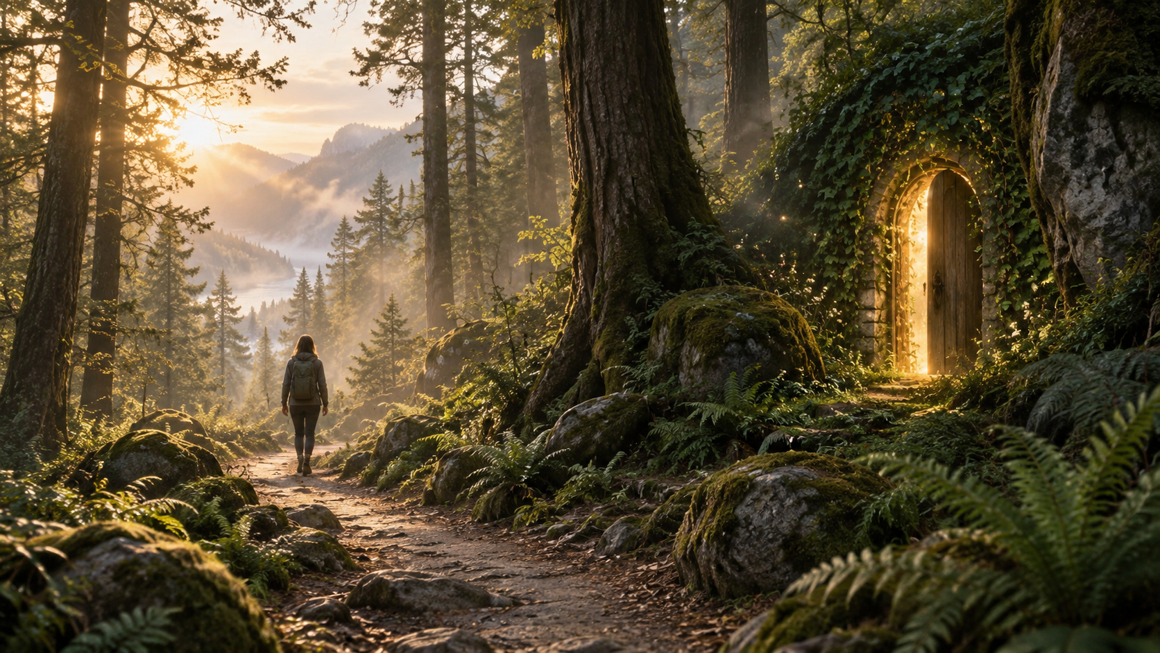 Person walking on a path past a hidden doorway in the deep forest.