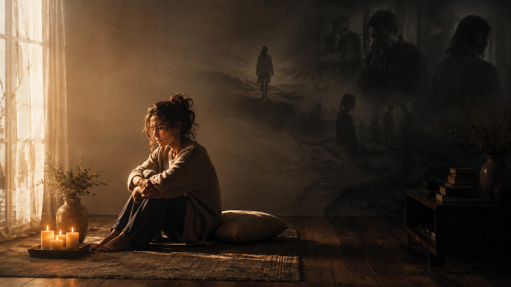 A worried woman sitting in quiet reflection as shadowy memories intrude upon a peaceful, sunlit room