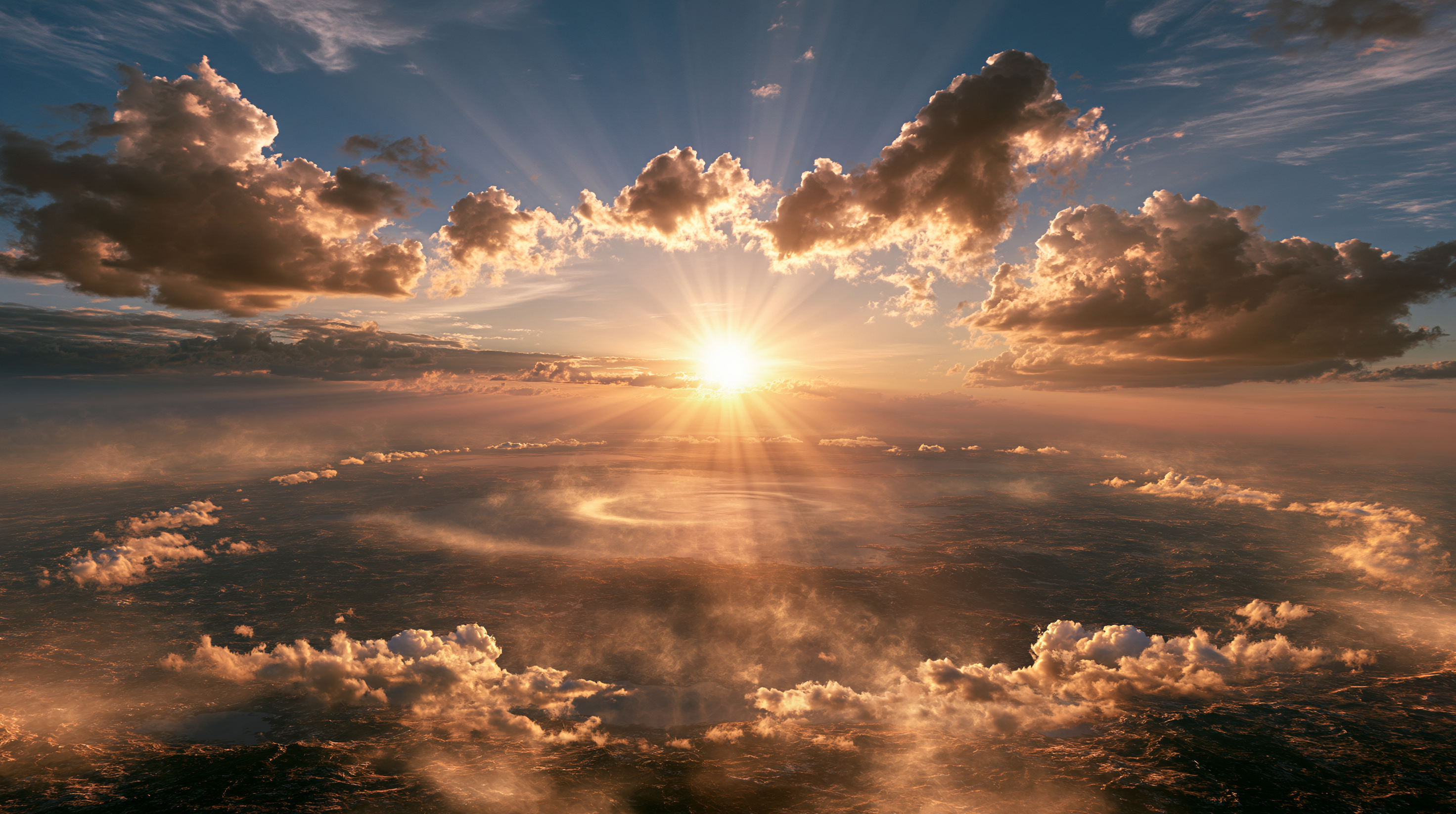 A symbolic spiritual awakening scene, the earth and sky emerging from darkness into warm golden light, luminous clouds parting, soft heavenly glow pouring across the world, subtle energy in the air, gentle mist, a feeling of truth, hope, peace, inner wisd