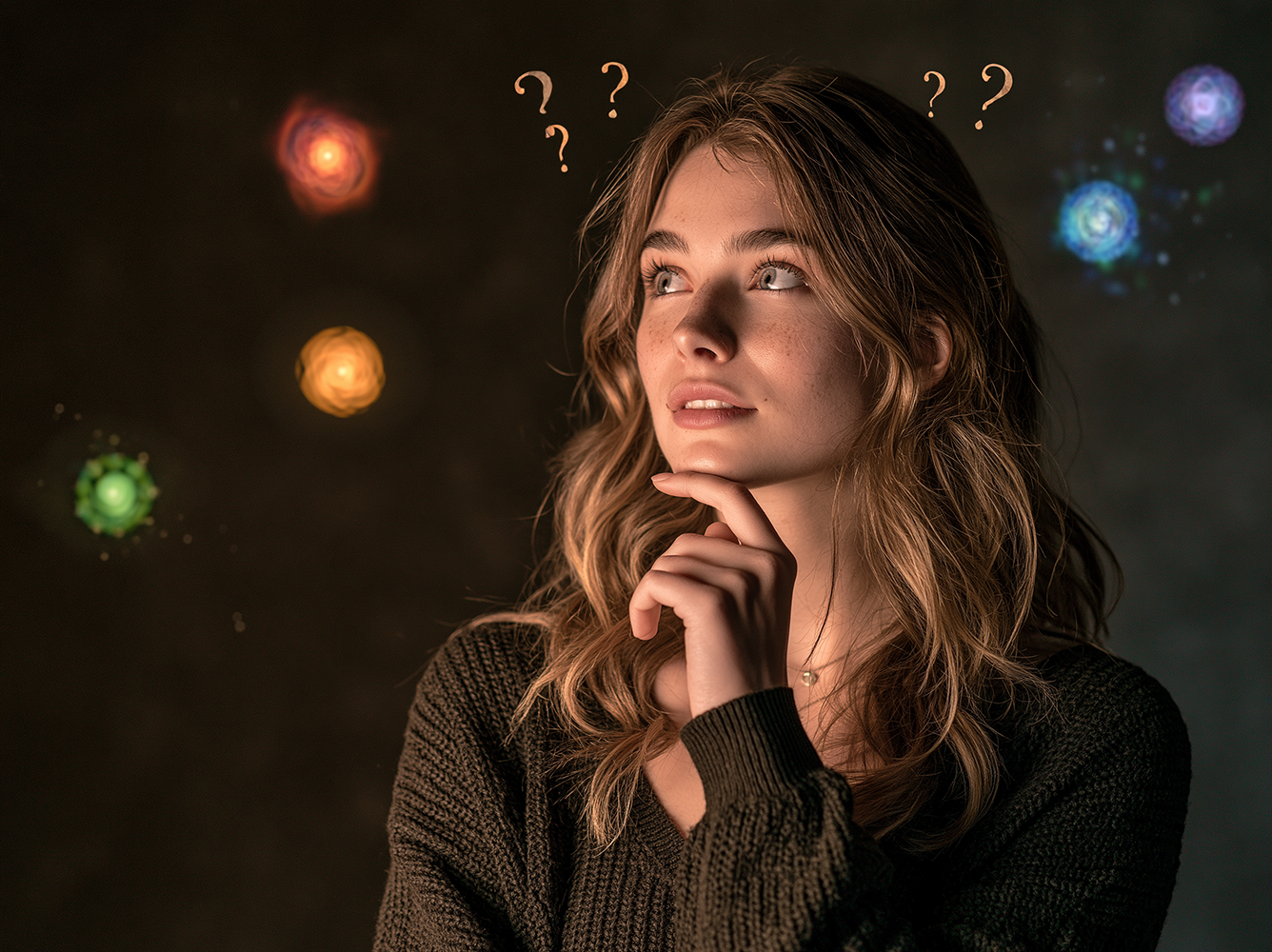 A woman looking around while trying to decide which chakra to select from the many floating above her