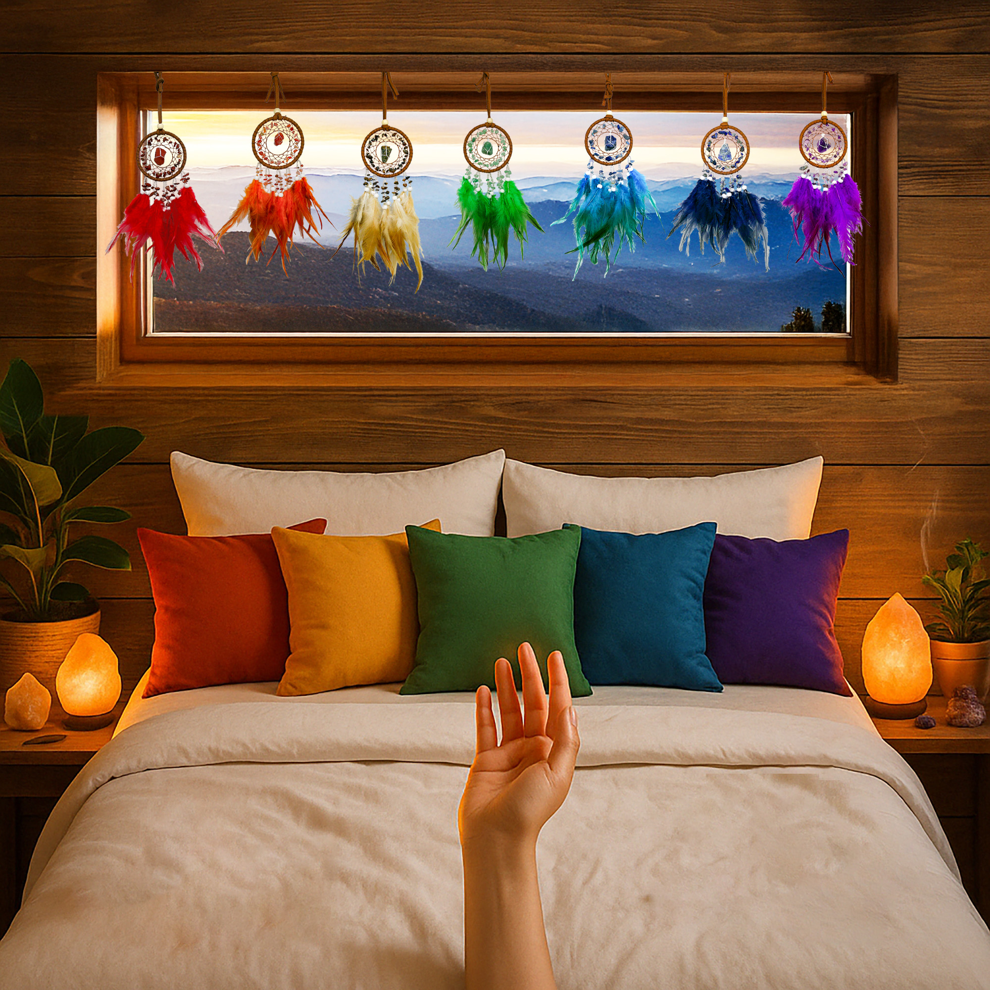 Chakra Dreamcatcher with Colored Feathers and Stones for Protection in Bedrooms and Meditation